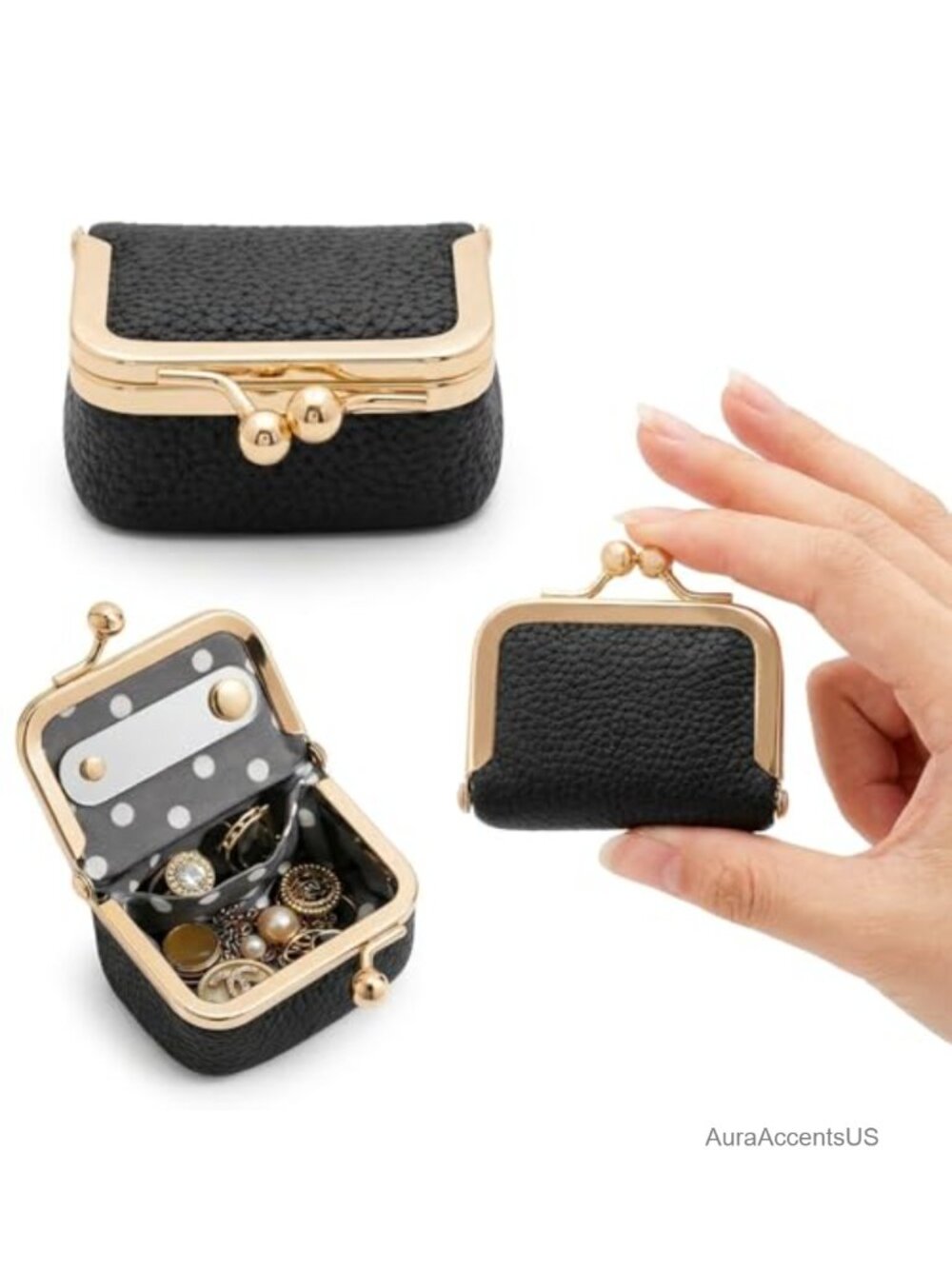 Vintage Leather Mini Jewelry Case Kiss Lock Travel Organizer Box Women